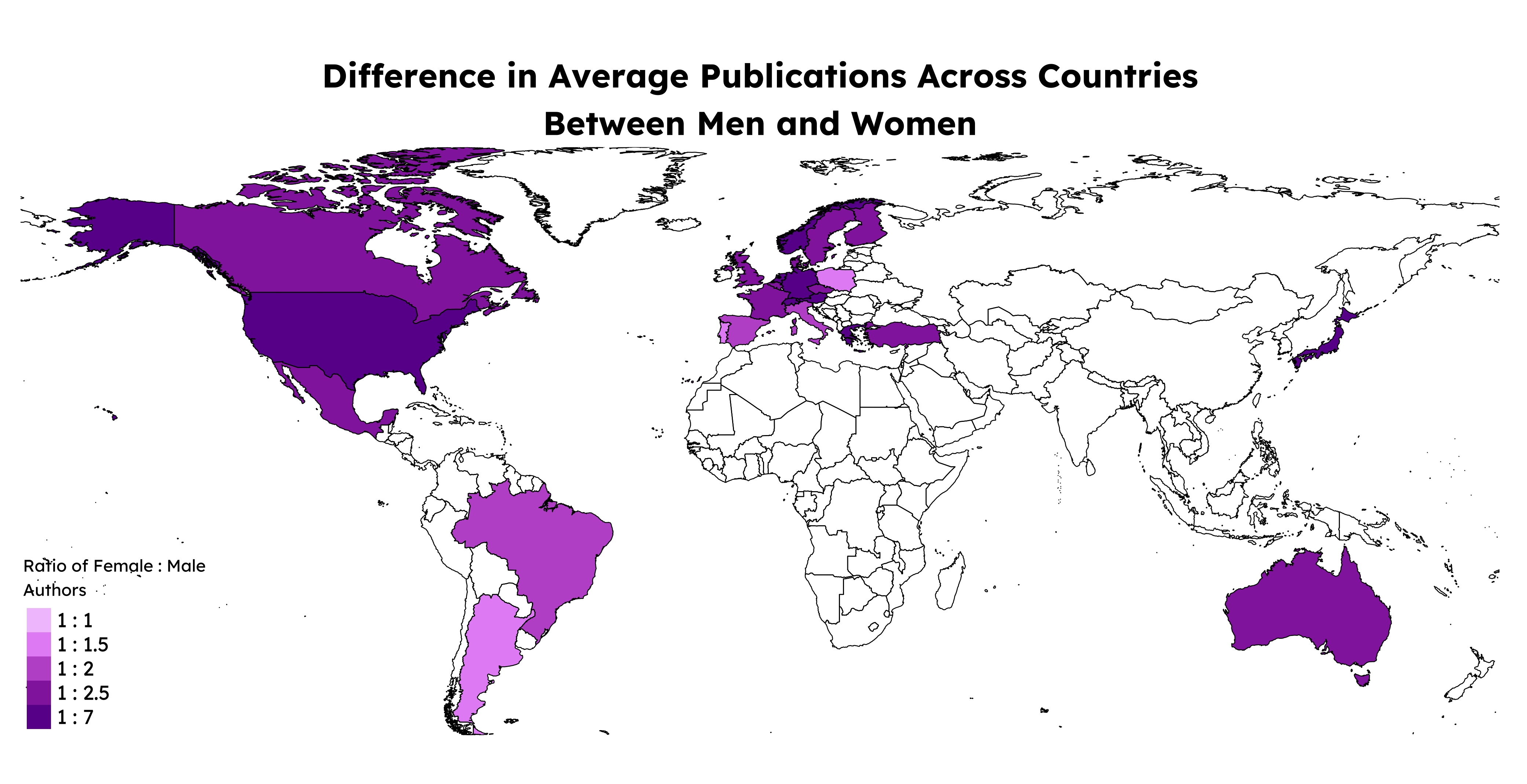 A world map showing the difference in average number of publications by country between men and women. Belgium, Germany, and Denmark have some of the highest disparities while Argentina, Mexico, and Turkey have some of the lowest.